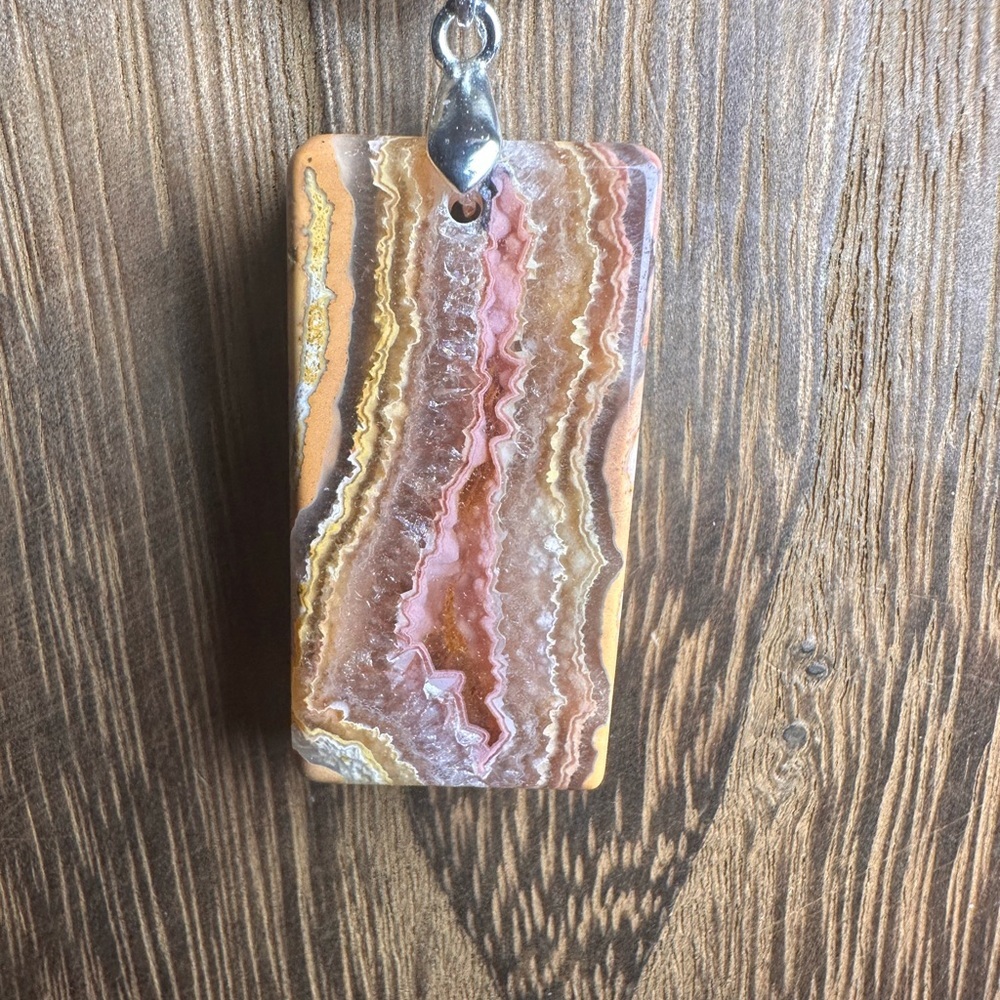 Crazy Lace Agate Rectangle Pendant Necklace on Black Rope - Picture 6 of 15